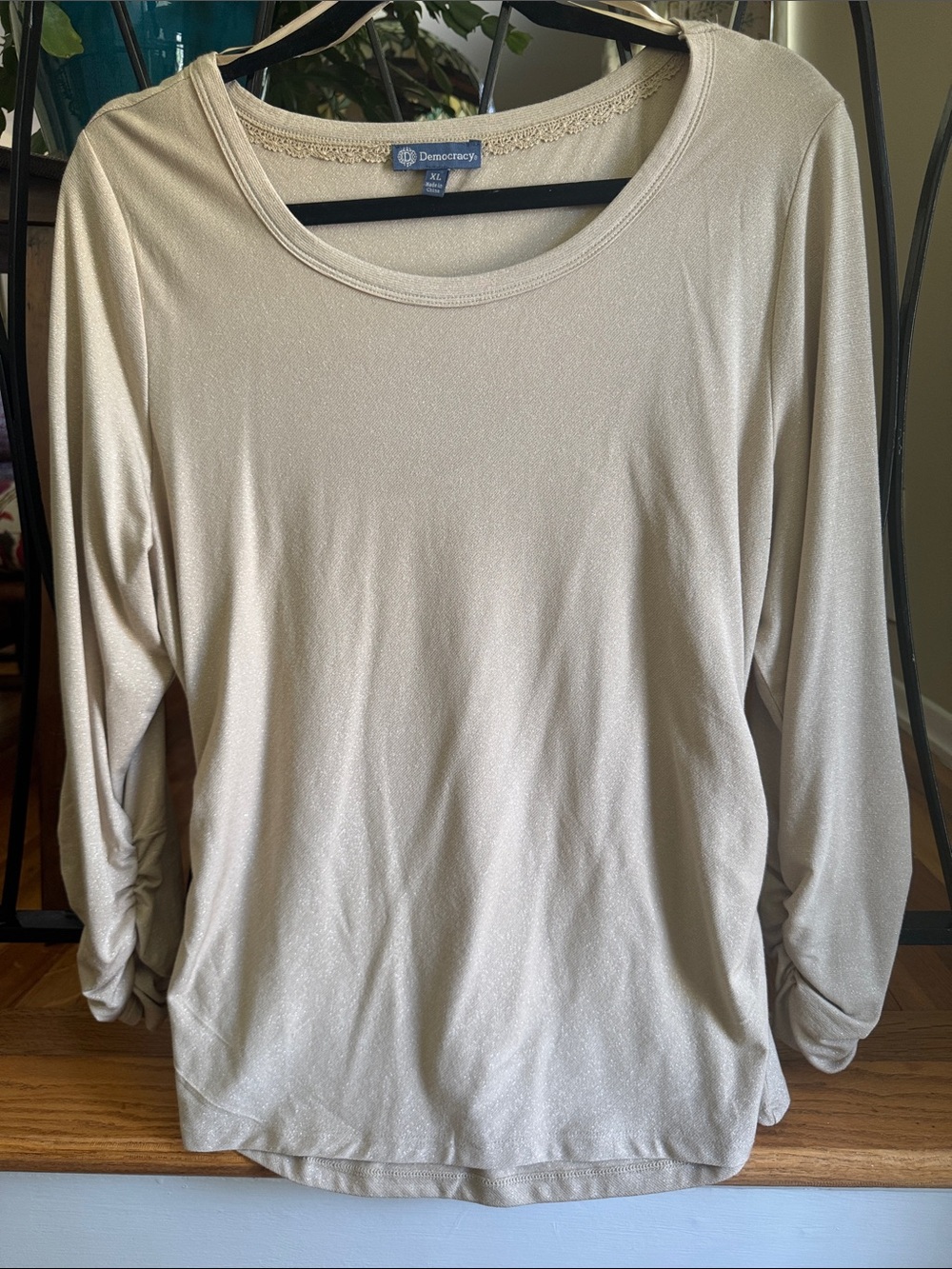 XL. Democracy Long-Sleeve Scoop Neck Top in Beige